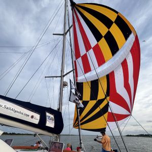 Maryland spinnaker flying aboard Alyosha during a sailing charter behind Assateague Island, Ocean City MD