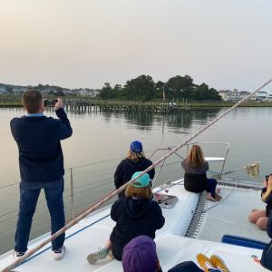 Morning sailing tour on calm Sinepuxent Bay behind Assateague Island
